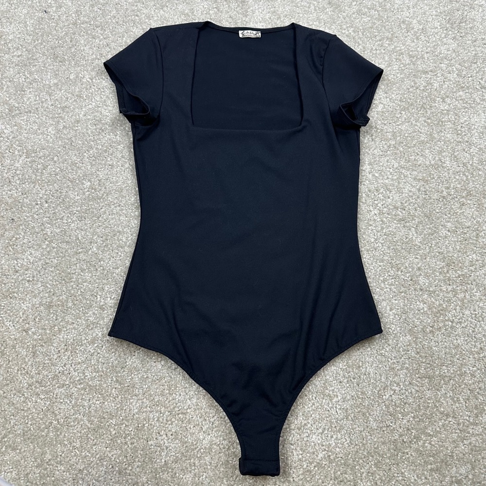 Intimately Free People Black Square Neck Bodysuit Short Sleeve Thong Snap size M